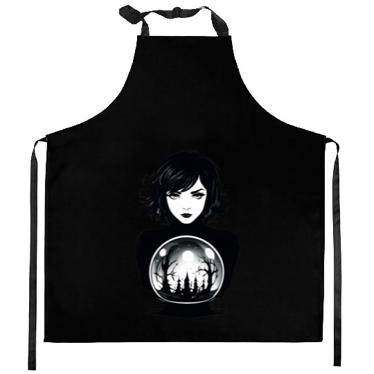 Witchy Woman Gazing into a Crystal Ball Kitchen Aprons