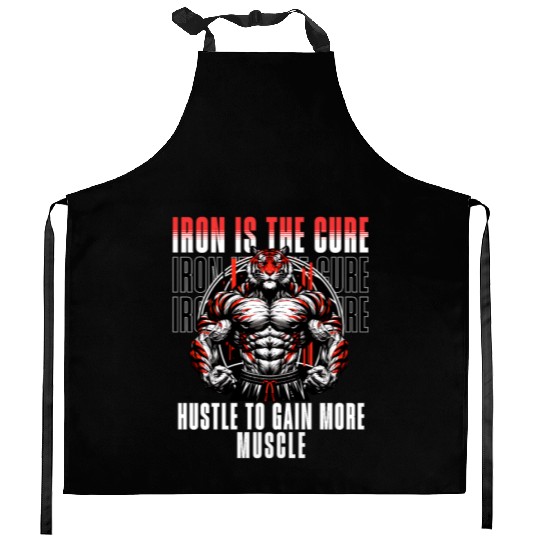 iron is the cure with bodybuliding tiger Kitchen Aprons