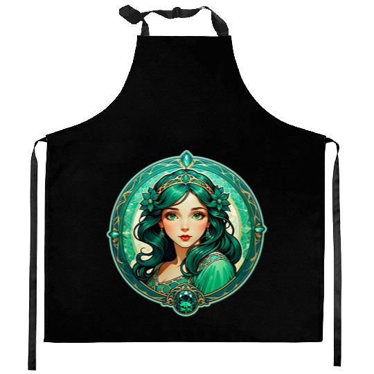 Emerald Haired Fantasy Princess Portrait Kitchen Aprons