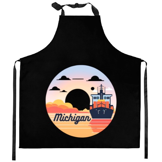 Michigan Boat with Sunset Kitchen Aprons