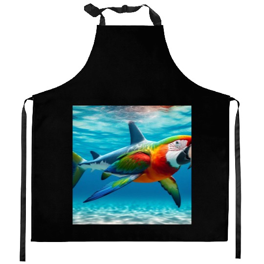 The great white shark-parrot Kitchen Aprons