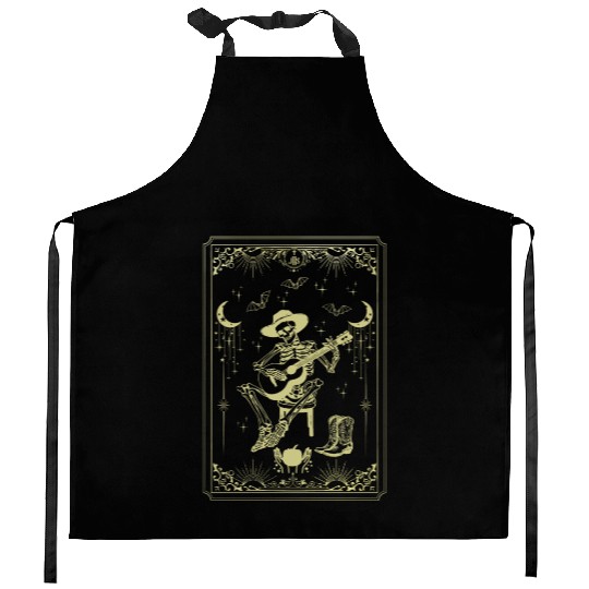 Tarot Card Celestial Cowboy Skeleton Plays Guitar Kitchen Aprons