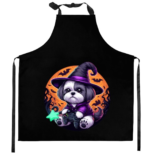 Halloween design Shih Tzu Wizard gamer Kitchen Aprons