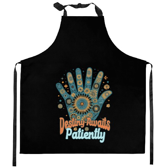 SAYING: Destiny awaits patiently, retro palm, sun Kitchen Aprons