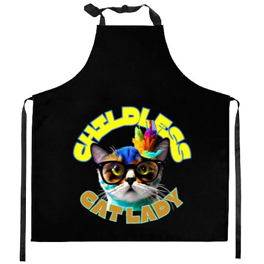 Colorful Cat with Glasses - Childless Cat Lady Kitchen Aprons