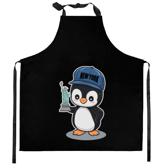 New York Penguin Holding Statue Of Liberty Kitchen Aprons