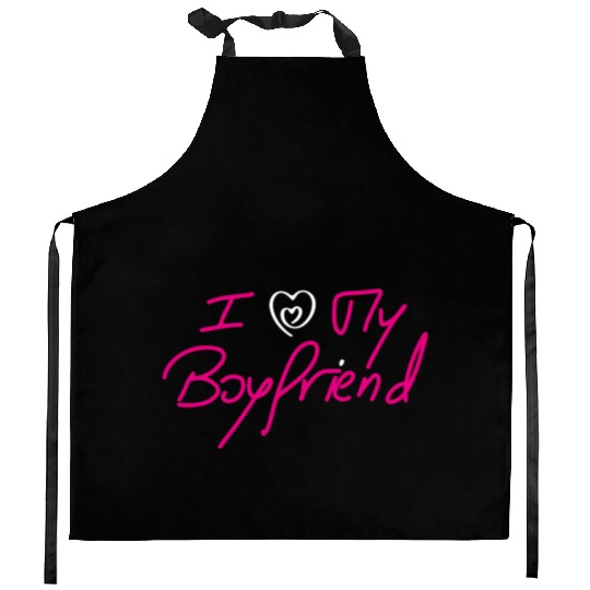 I Love My Boyfriend - Pink Design on Black Kitchen Aprons