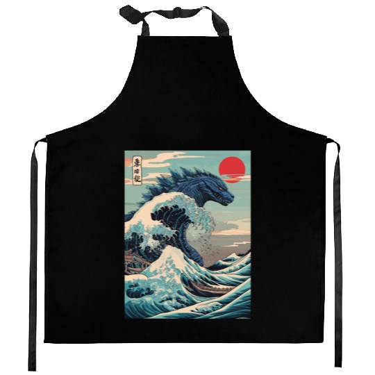 Kaiju Monster Japanese Great Wave Anime Graphic Kitchen Aprons