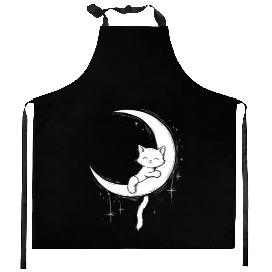 Whimsical Cat on Moon Silhouette Kitchen Aprons