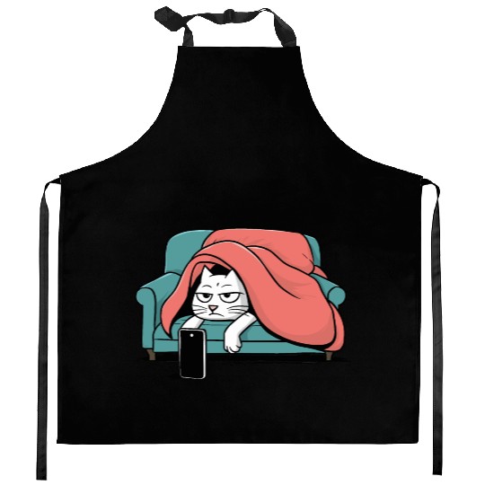 Bored Cat on Couch With Smart Phone Kitchen Aprons