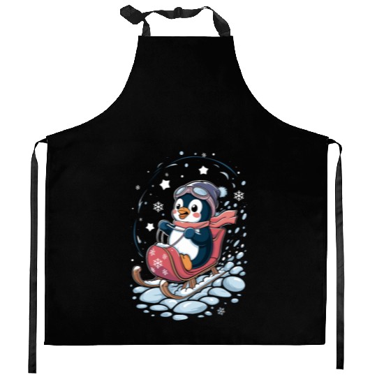 Cute Penguin Sledding Adventure Kitchen Aprons
