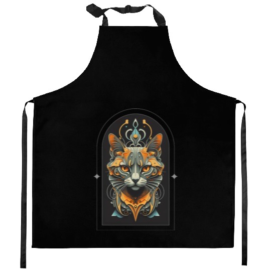 Elegant stylish black and gold cat face Kitchen Aprons