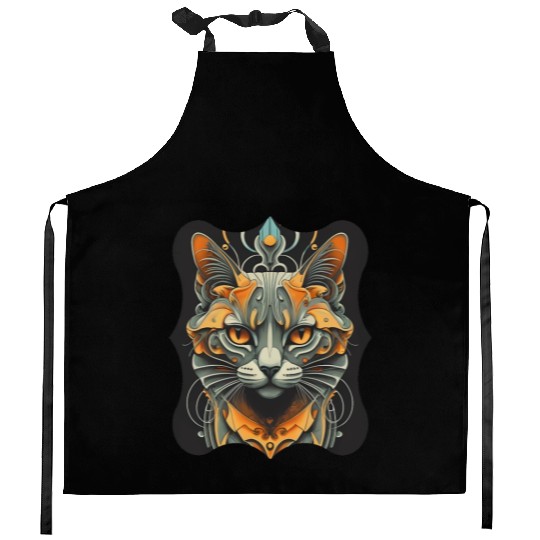 Elegant stylish black and gold cat face Kitchen Aprons