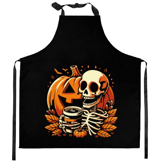 Coffee Drinking Skeleton Pumpkin Halloween Costume Kitchen Aprons