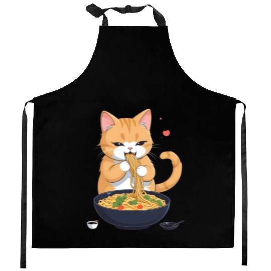 Funny Kawaii Cat Eating Ramen Noodles Japanese Kitchen Aprons
