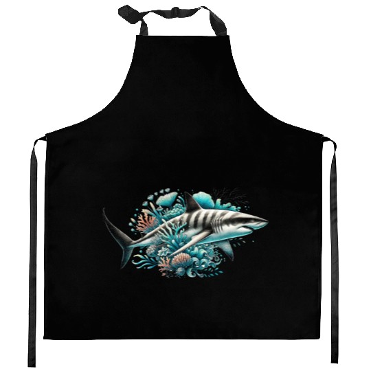 Big Shark On An Underwater Reef Kitchen Aprons
