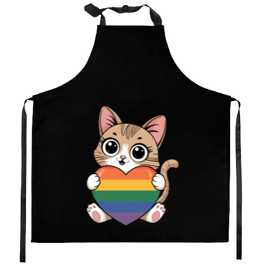 Cute Cat Holding Rainbow Heart LGTBQ Kitchen Aprons