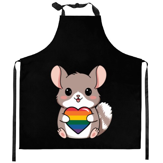 LGTBQ Chinchilla Holding Rainbow Heart Cute Pride Kitchen Aprons