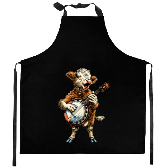 Hereford Cattle Farmer Bluegrass Banjo Player Kitchen Aprons