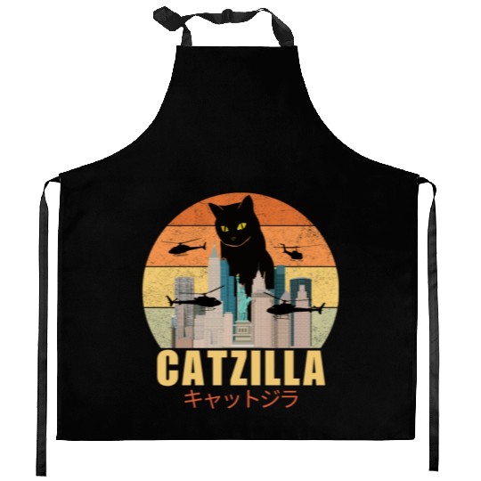 Retro Vintage Catzilla Japanese Cute Cat Lover Kitchen Aprons