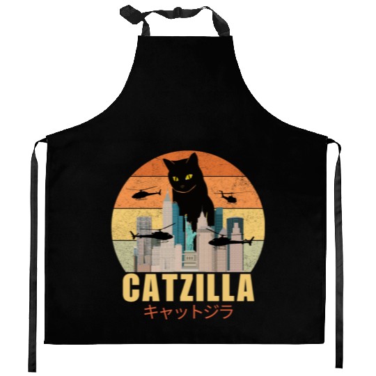 Retro Vintage Catzilla Japanese Cute Cat Lover Kitchen Aprons