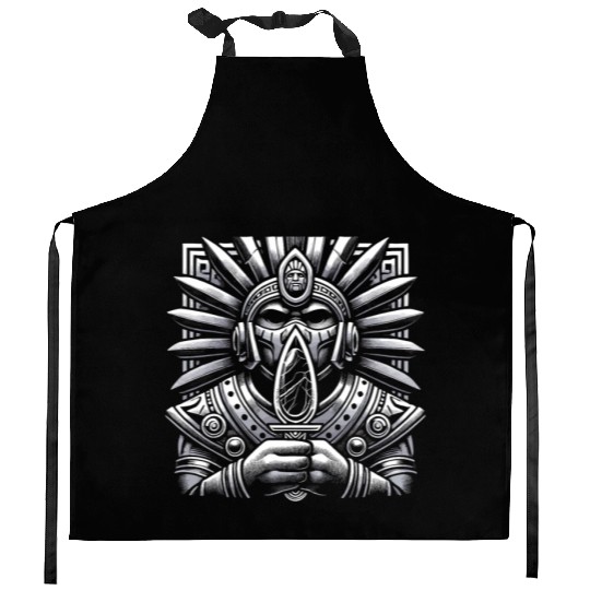 Aztec Warrior Mask with Tribal Art and Ancient Kitchen Aprons