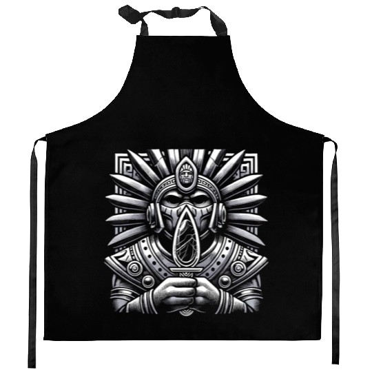 Aztec Warrior Mask with Tribal Art and Ancient Kitchen Aprons
