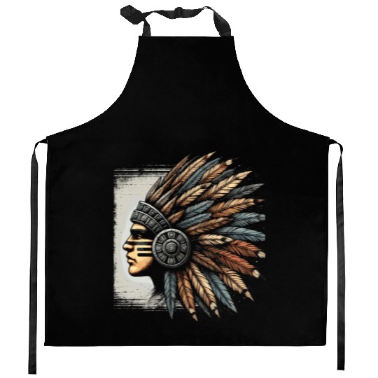 Aztec Warrior Mask with Tribal Art and Ancient Kitchen Aprons