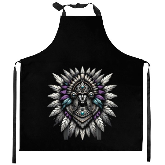 Aztec Warrior Mask with Tribal Art and Ancient Kitchen Aprons