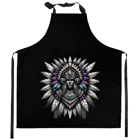 Aztec Warrior Mask with Tribal Art and Ancient Kitchen Aprons