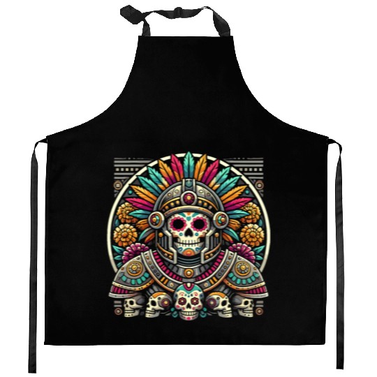 Aztec Warrior Mask with Tribal Art and Ancient Kitchen Aprons
