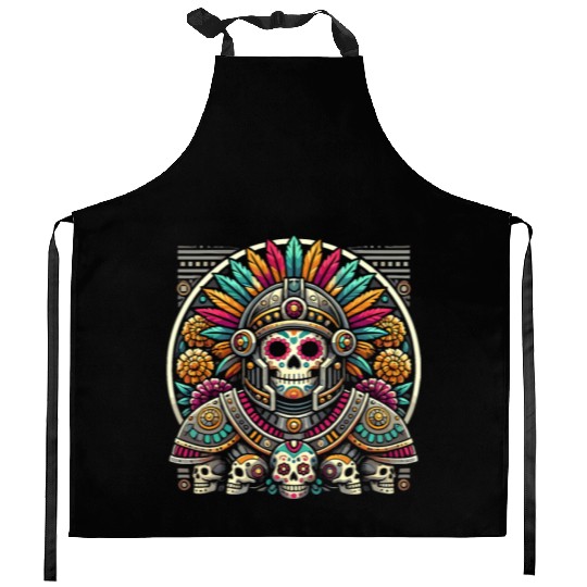 Aztec Warrior Mask with Tribal Art and Ancient Kitchen Aprons
