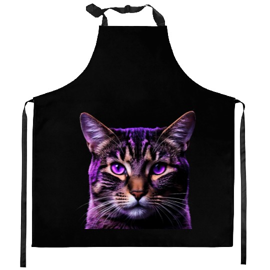 Vivid Lilac-Eyed Tabby Cat Portrait Kitchen Aprons