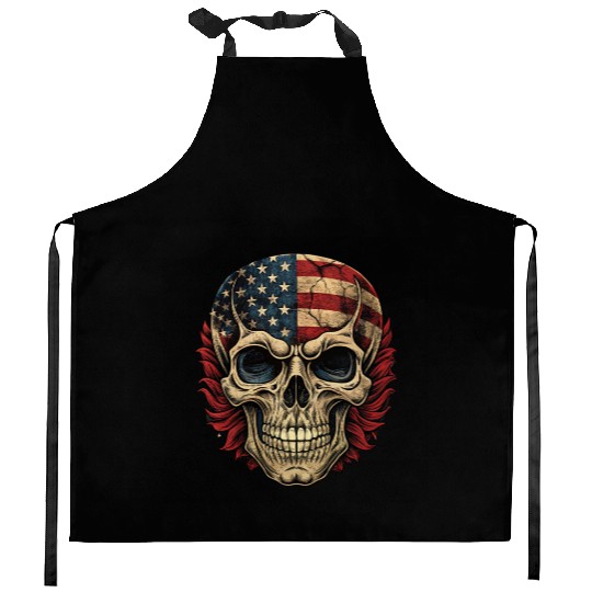 vintage skull, usa flag skull Kitchen Aprons