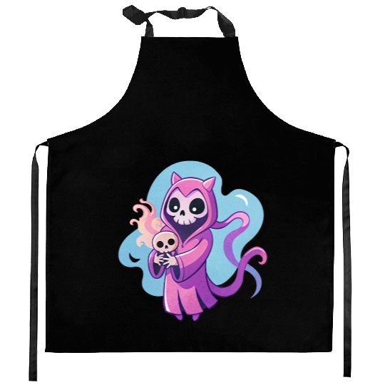 skeletal figure, violet pink robe, lavender puppy Kitchen Aprons
