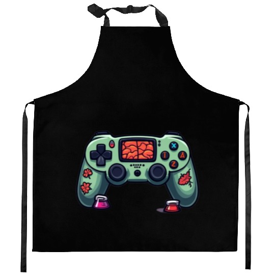 Zombie Brain-Themed Green Controller Kitchen Aprons