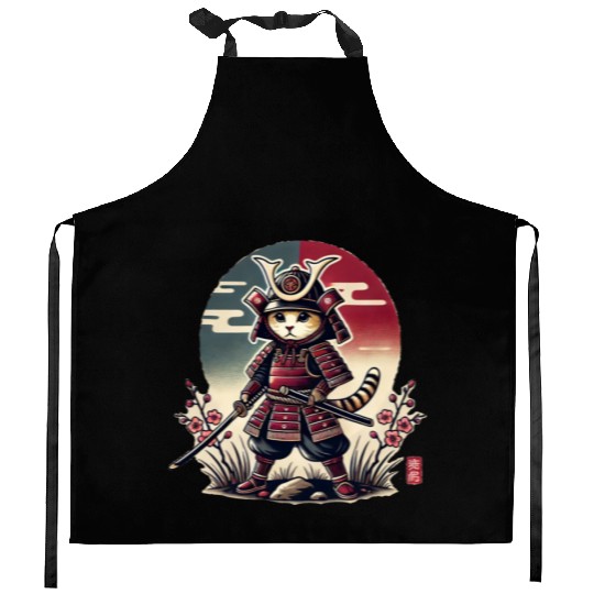 Samurai Cat: Vintage Ukiyo-e Warrior Art Kitchen Aprons