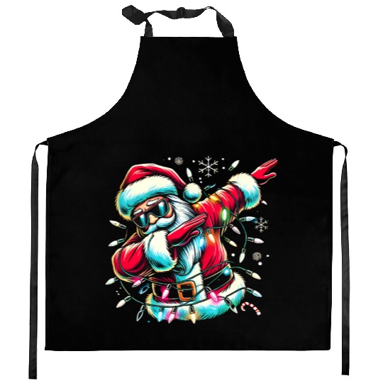 Dabbing Santa with Christmas Lights and Snowflakes Kitchen Aprons