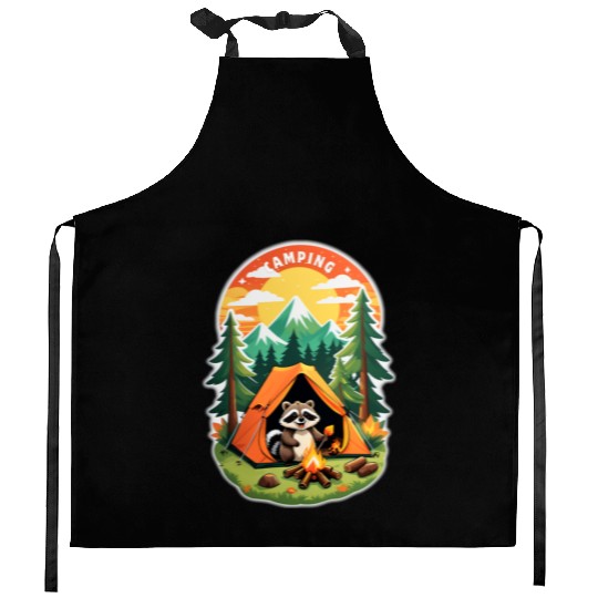Raccoon Roasting Marshmallows Kitchen Aprons.