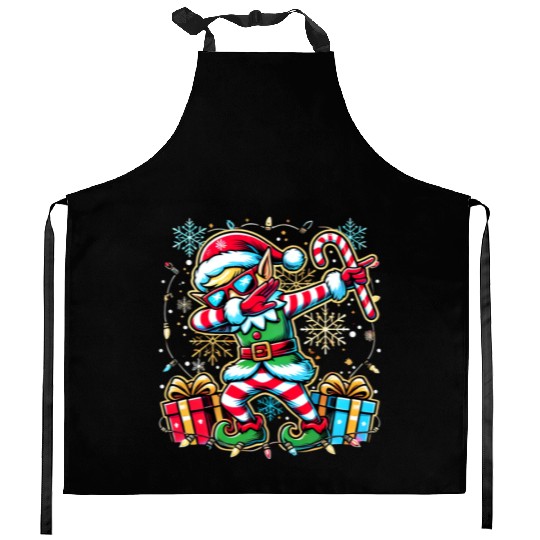 Dabbing Elf with Candy Cane and Presents Kitchen Aprons