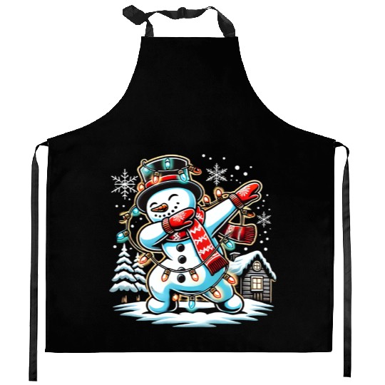 Dabbing Snowman with Christmas Lights and Snowflak Kitchen Aprons