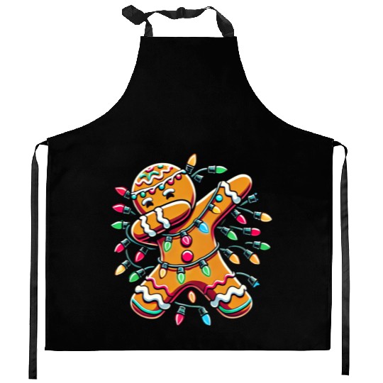Dabbing Gingerbread Wrapped in Christmas Lights Kitchen Aprons