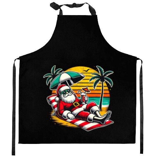Santa Relaxing at the Tropical Beach Kitchen Aprons