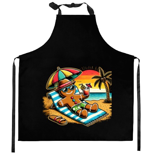 Gingerbread Man Relaxing on the Beach Kitchen Aprons