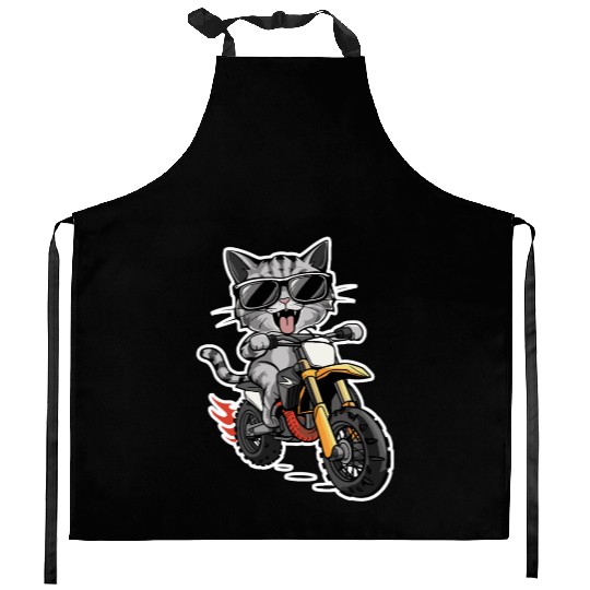 Cat Wearing Sunglasses Riding a Dirt Bike Kitchen Aprons