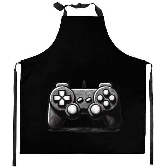 Gamer Controller Cartoon Charcoal Gaming Art 1 Kitchen Aprons