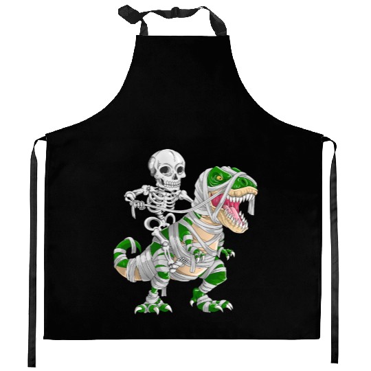 Skeleton Riding Mummy Dinosaur T rex Halloween Kitchen Aprons