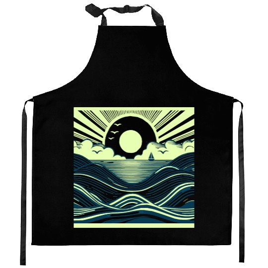 Ocean Sunrise Retro Wave Sailing Kitchen Aprons