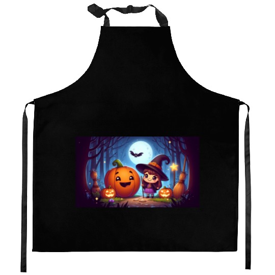 Halloween Witch and Jack-o'-Lantern Scene Kitchen Aprons