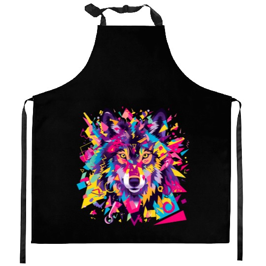 Majestic Pop Art Alpha Wolf - Vibrant Cool Kitchen Aprons